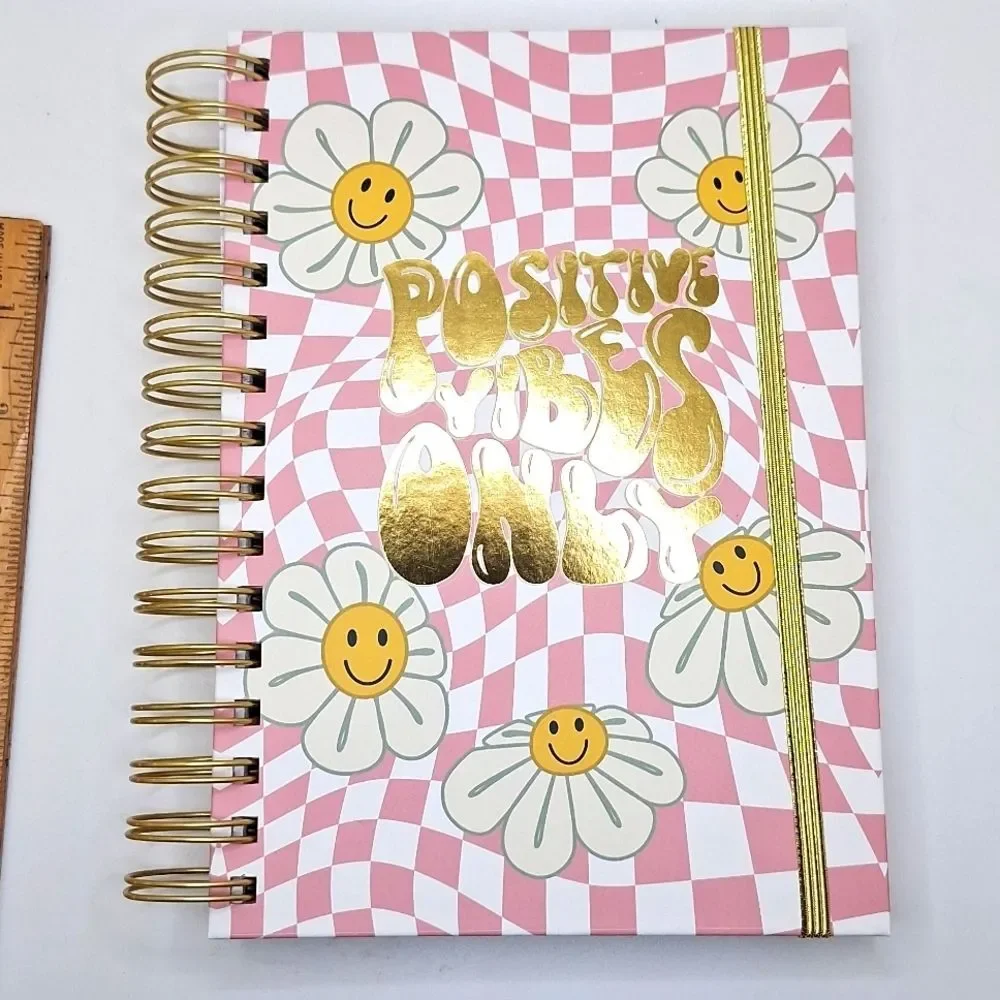 Positive vibes spiral notebook, journal Daisy checkered Ledger lined pages